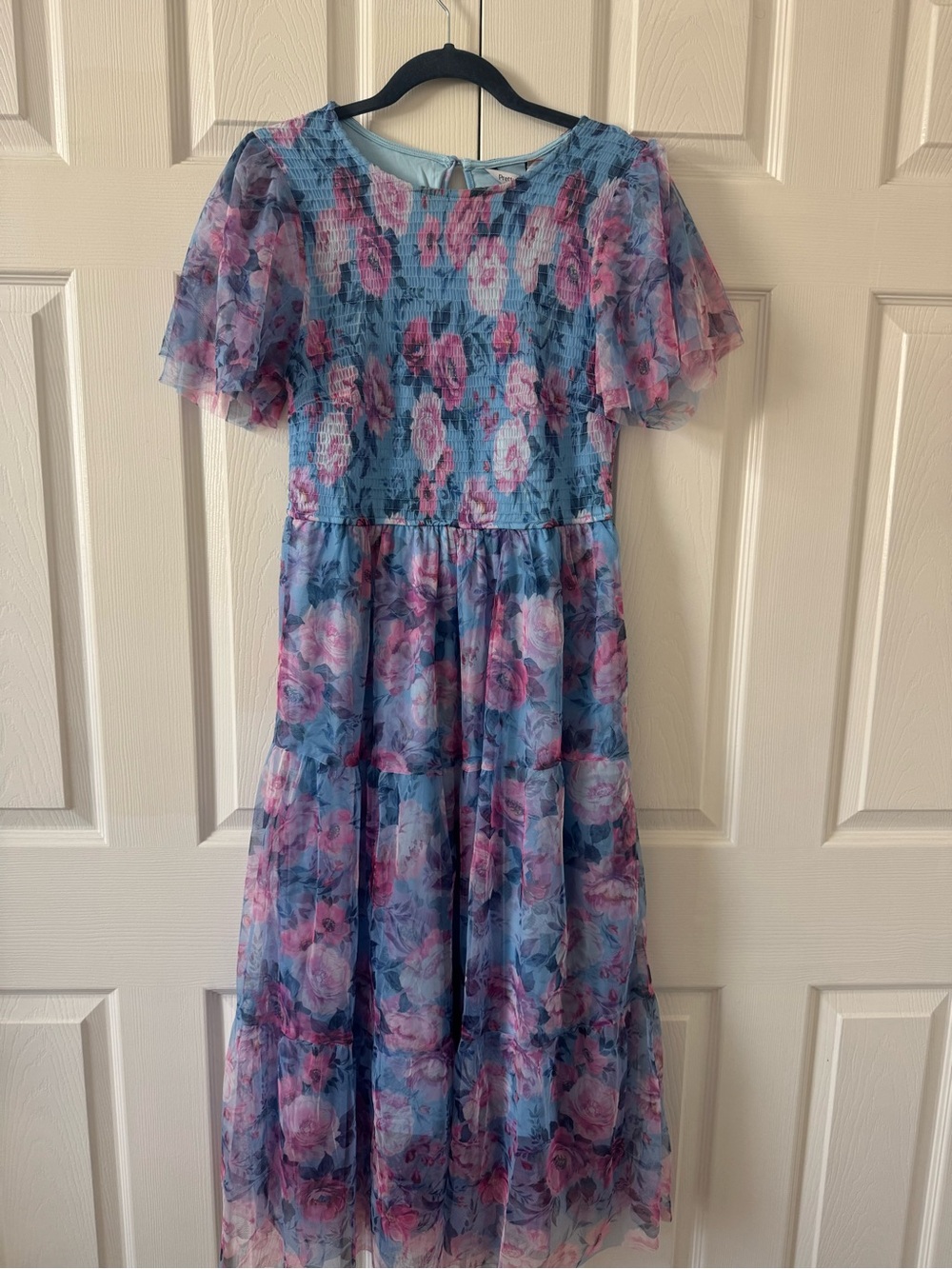 #12 Pretty Garden Floral Dress Short Sleeve Maxi Smocked Flowy Size L - Picture 4 of 6
